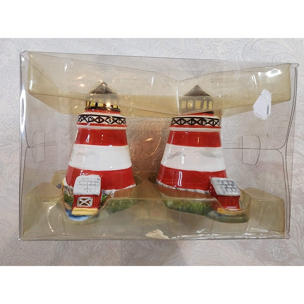 Vintage Nautical Ceramic Lighthouse Salt and Pepper Shaker Set Red White NIB